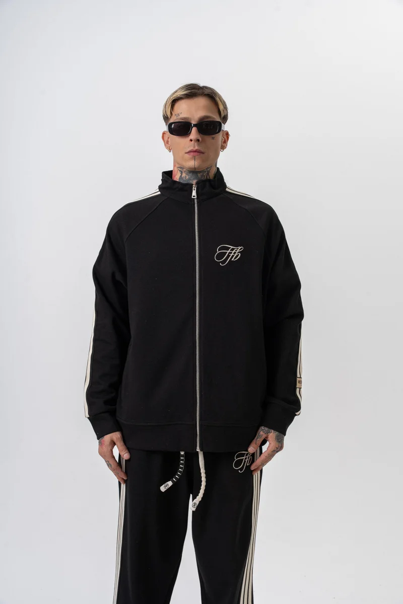 ريسباير سويت شيرت رجالي واسع (Oversize) بسحاب (Zip) بوجهين (Doubleface) بياقة قائمة وتفاصيل 3 شرائط لون أسود