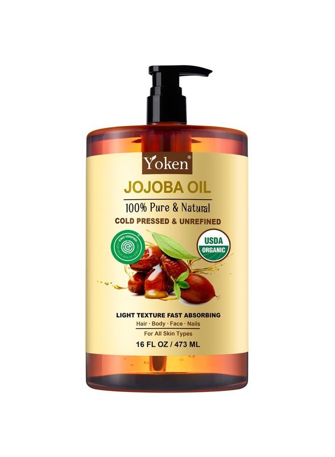 Yoken Pure Jojoba Oil Organic USDA Certified 16 fl oz, 100% Natural Jojoba Oil for Hair, Skin & Face, Cold Pressed Unrefined, Deeply Moisturizing Body Carrier Oils for Essential Oils Mixing - Image 1