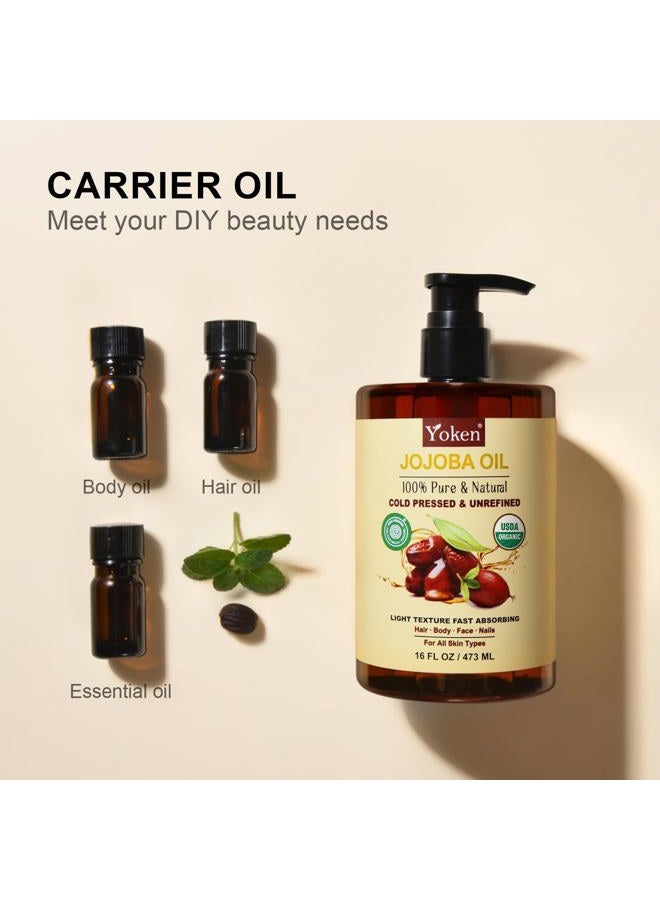 Yoken Pure Jojoba Oil Organic USDA Certified 16 fl oz, 100% Natural Jojoba Oil for Hair, Skin & Face, Cold Pressed Unrefined, Deeply Moisturizing Body Carrier Oils for Essential Oils Mixing - Image 5