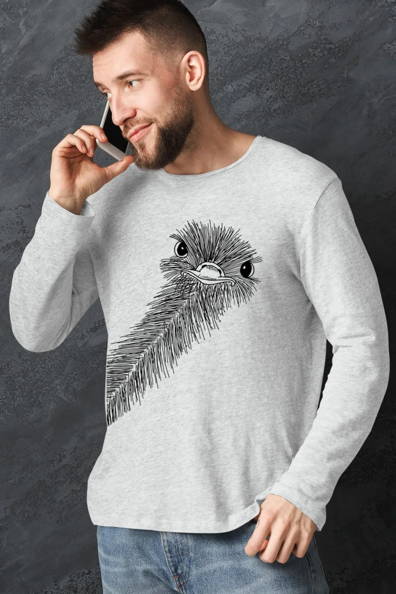 Ostrich Curiosity Gray Long Sleeve Men's Combed Cotton T-Shirt