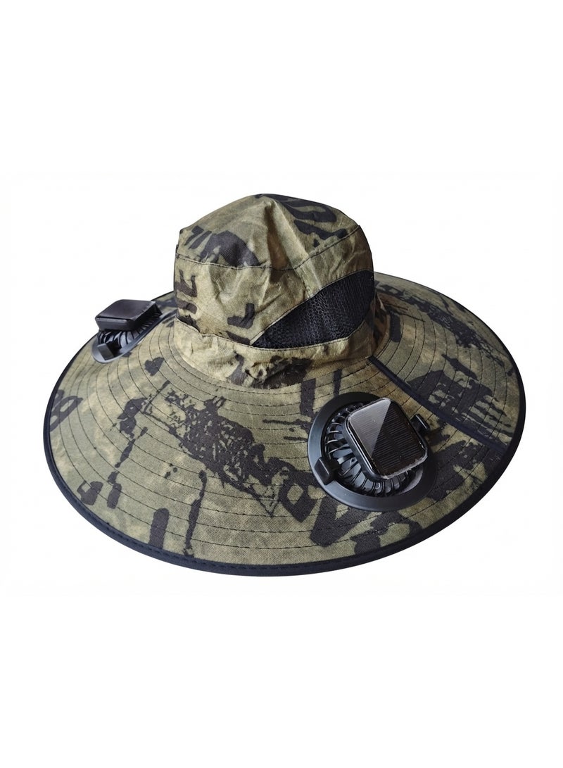 Trendoza Dual Solar Powered Cooling Fan Hat | USB Rechargeable Wide Brim Breathable Sun Hat for Outdoor Activities, Hiking & Fishing | Olive Green Camouflage