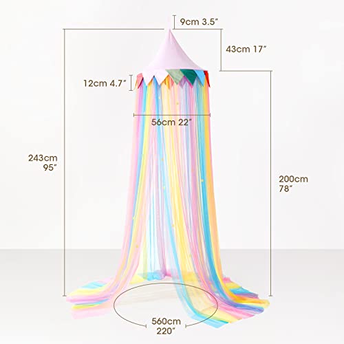 LOAOL Rainbow Princess Bed Canopy for Girls - Fairy Dream Canopy Bed Curtains with Rainbow Color Hanging Net, Pink Round Dome for Reading Nook & Bedroom Decor, Toddler Crib Canopy with Stars - Image 3
