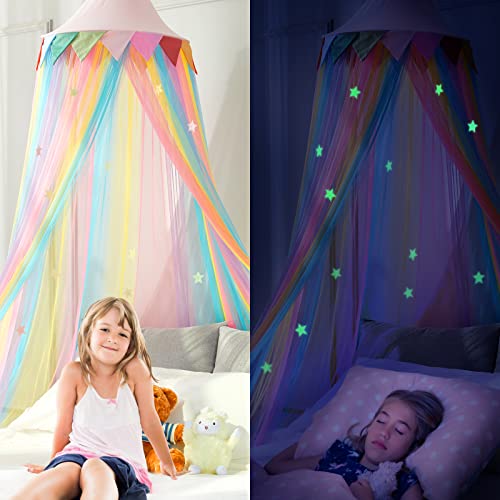 LOAOL Rainbow Princess Bed Canopy for Girls - Fairy Dream Canopy Bed Curtains with Rainbow Color Hanging Net, Pink Round Dome for Reading Nook & Bedroom Decor, Toddler Crib Canopy with Stars - Image 2