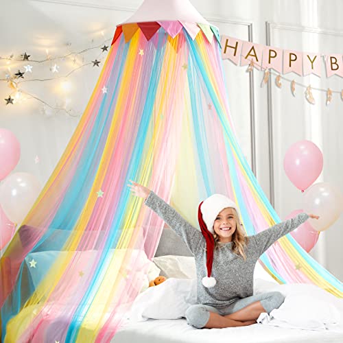 LOAOL Rainbow Princess Bed Canopy for Girls - Fairy Dream Canopy Bed Curtains with Rainbow Color Hanging Net, Pink Round Dome for Reading Nook & Bedroom Decor, Toddler Crib Canopy with Stars - Image 5