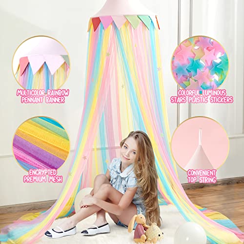 LOAOL Rainbow Princess Bed Canopy for Girls - Fairy Dream Canopy Bed Curtains with Rainbow Color Hanging Net, Pink Round Dome for Reading Nook & Bedroom Decor, Toddler Crib Canopy with Stars - Image 4