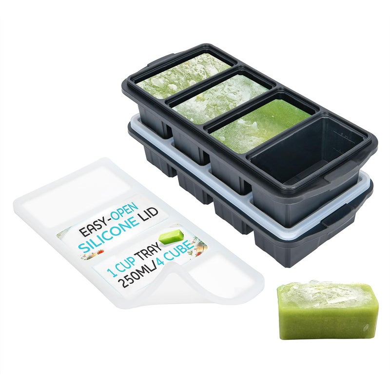 XOMOO Silicone Freezer Tray With Lid - Soup Freezer Container molds - Large Ice Cube Tray- makes 8 perfect 1 cup portions cubes, 2-Pack Freezer Storage Food Soups & Meal Prep - Oven & Dishwasher -Safe - Image 1