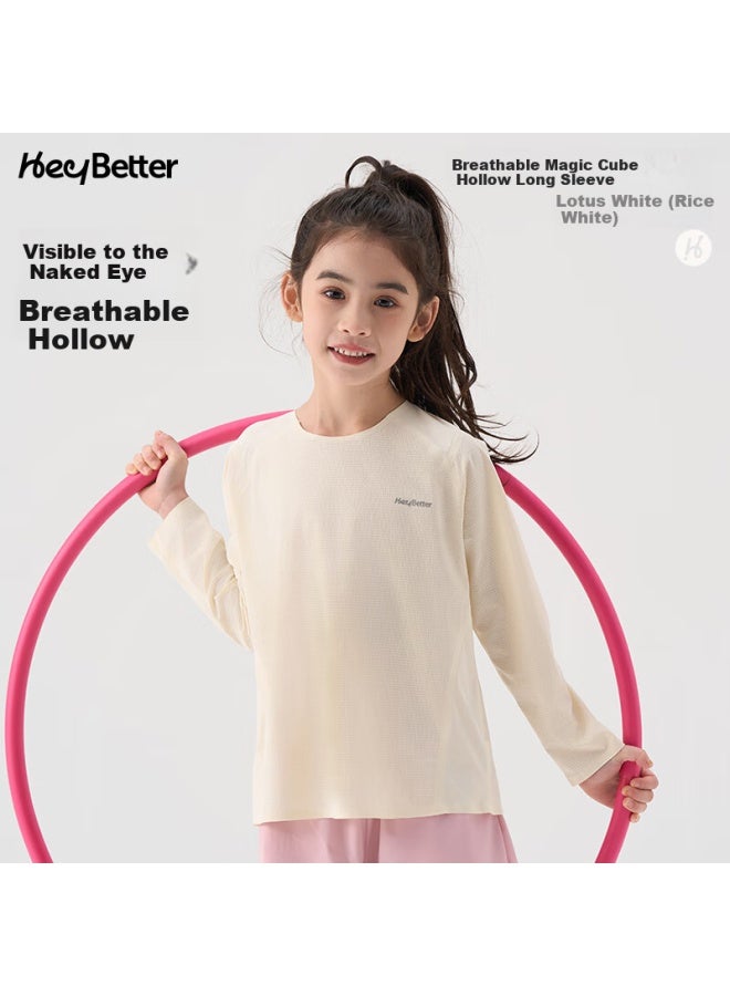 Heybetter Kids' Long Sleeve T-Shirt Breathable Moisture-Wicking Quick-Drying Spring Summer Top Cool Feeling Top Lotus White (Off-White) 160