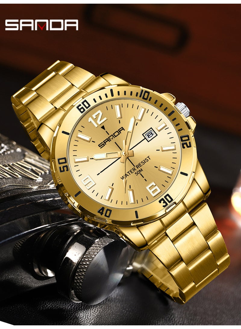 ساندا ساعة رجالية جديدة فاخرة كوارتز للرجال، مزودة بمينا كبير، وإضاءة ليلية، ومقاومة للماء، وتقويم، ساعة كوارتز رجالية للأعمال 2025 - Image 2