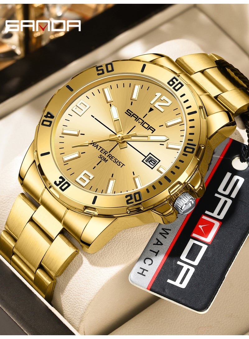 ساندا ساعة رجالية جديدة فاخرة كوارتز للرجال، مزودة بمينا كبير، وإضاءة ليلية، ومقاومة للماء، وتقويم، ساعة كوارتز رجالية للأعمال 2025 - Image 1