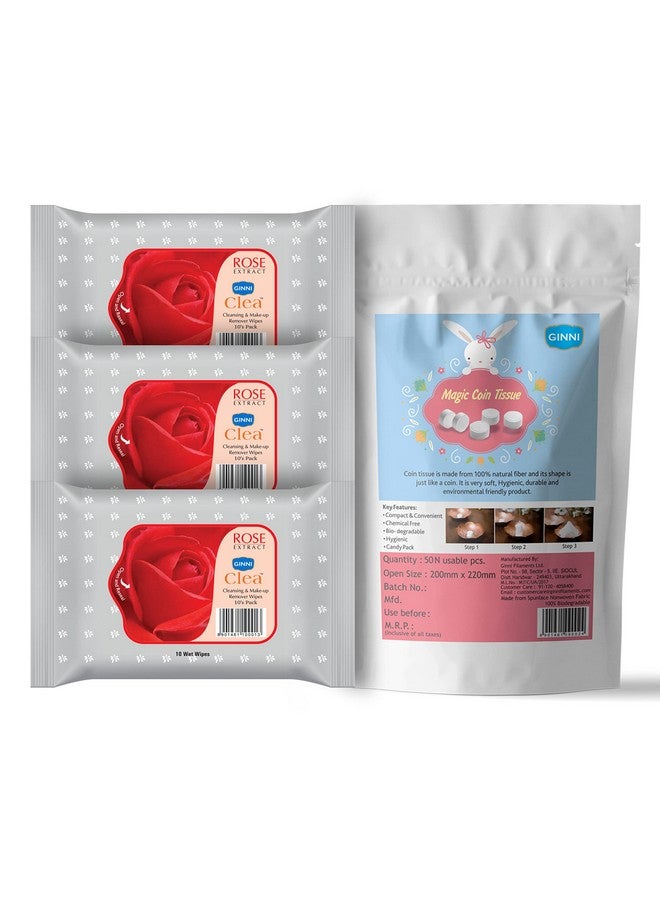 GINNI مناديل جيني السحرية (50 قطعة) ومزيل مكياج كلين مع مستخلص الورد (عبوة من 3، 10 مناديل/عبوة) - صديقة للبشرة، خالية من الكحول، مناسبة للسفر، مناديل تنظيف متعددة الاستخدامات - Image 1