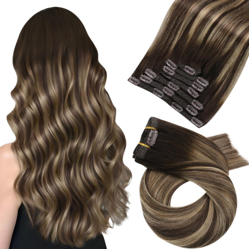 Moresoo Clip in Hair Extensions Remy Double Weft Human Hair Clip in Extensions Balayage Straight Hair Extensions for Women Ombre Dark Brown Mixed with Caramel Blonde 7pcs 120g 22inch