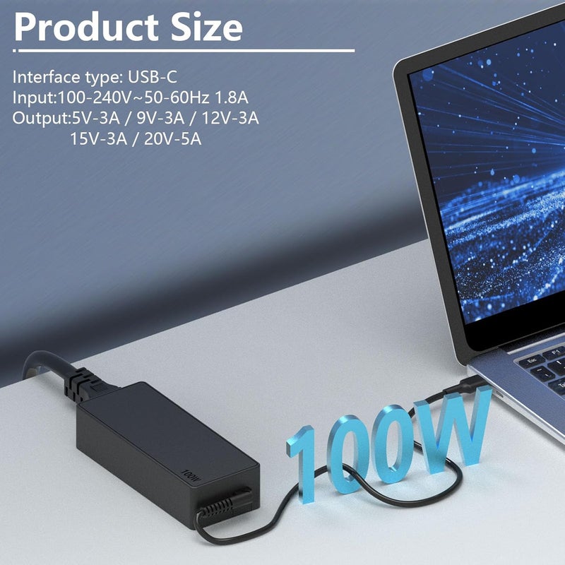شاحن كمبيوتر محمول سريع HAFIUEGE 100W USB C متوافق مع أجهزة كمبيوتر محمولة من Lenovo وHP وDell وAsus وجميع أجهزة USB-C، شحن جه��ز Type C بقدرة 100W 96W 90W 87W 65W 45W 30W - Image 2
