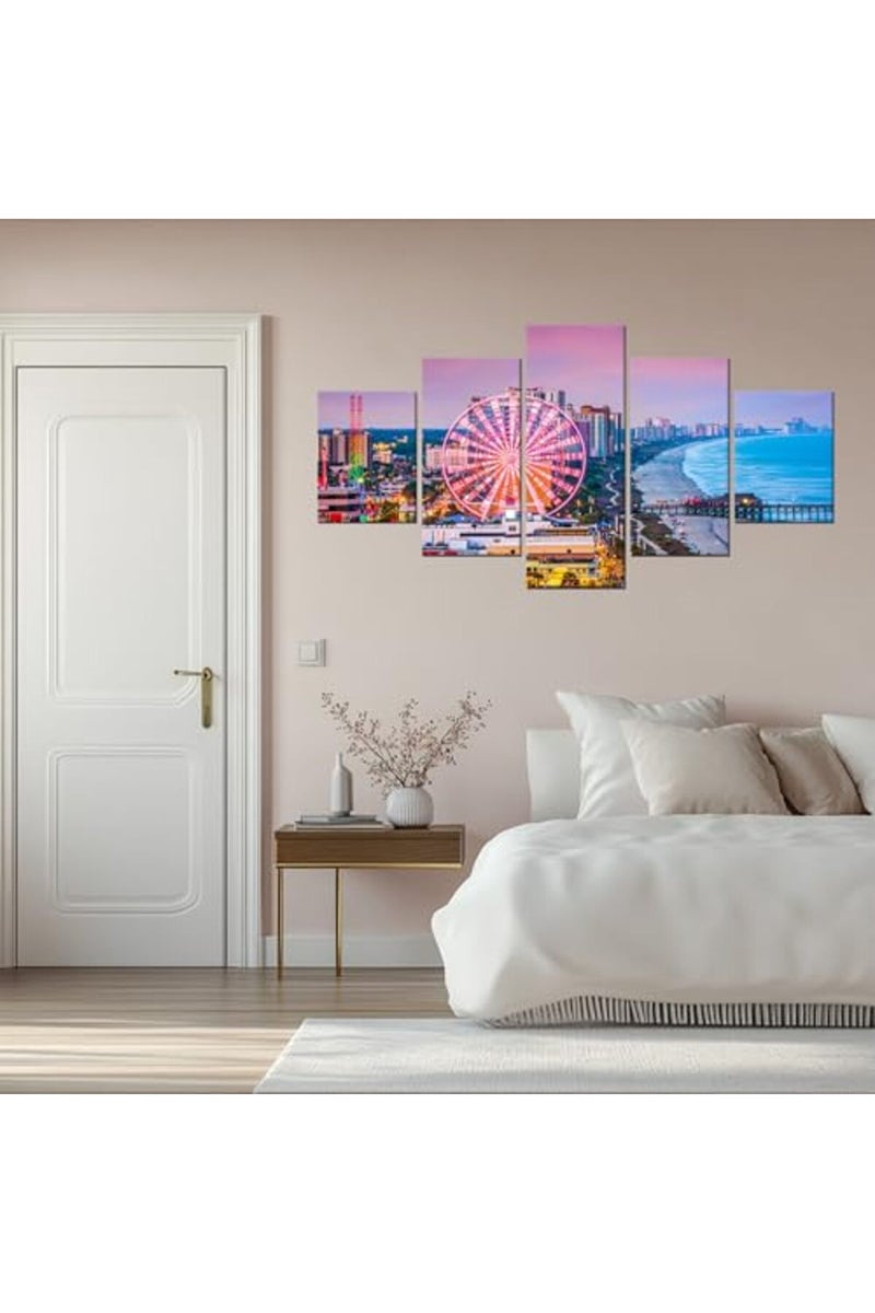 Artbrush Tower Myrtle Beach Painting Wall Art Canvas South Carolina Wall Decor Ferris Wheel Picture Print US City Skyline Poster Framed Home Living Room Bedroom Decoration 5 Piece Ready to Hang(60''Wx32''H) - Image 2