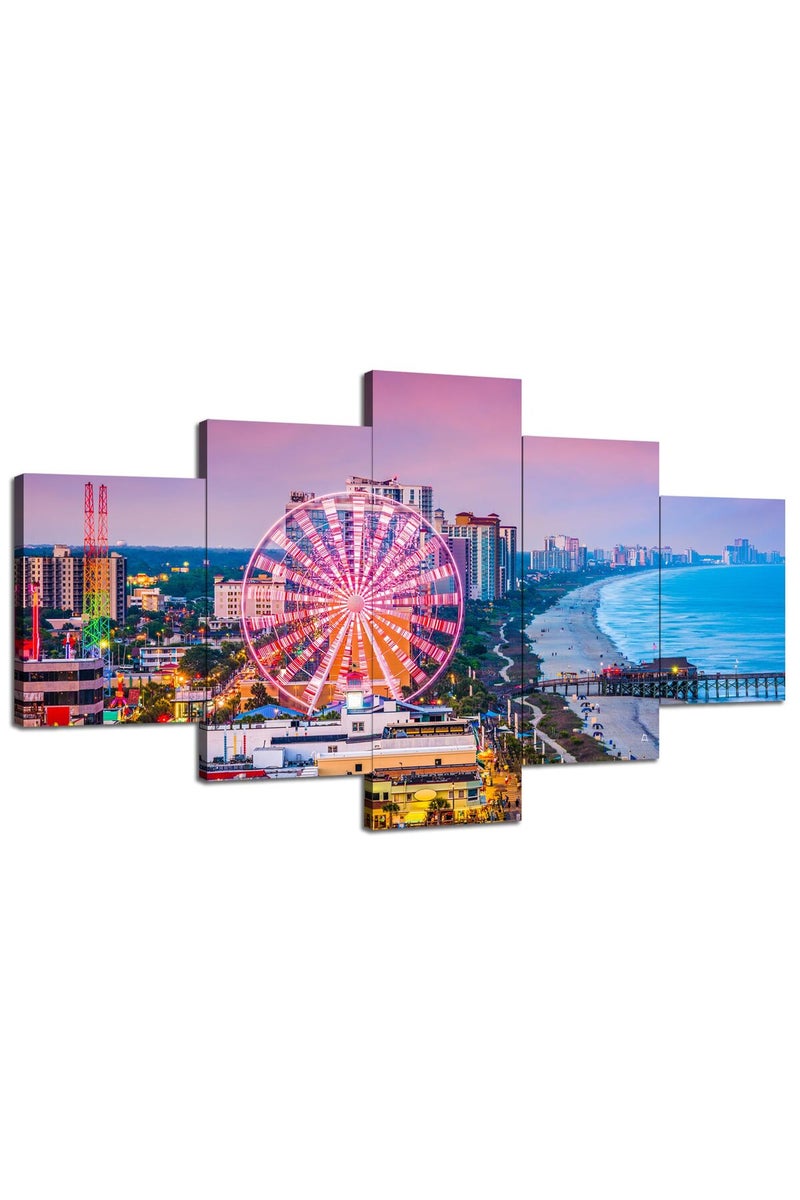 Artbrush Tower Myrtle Beach Painting Wall Art Canvas South Carolina Wall Decor Ferris Wheel Picture Print US City Skyline Poster Framed Home Living Room Bedroom Decoration 5 Piece Ready to Hang(60''Wx32''H) - Image 1