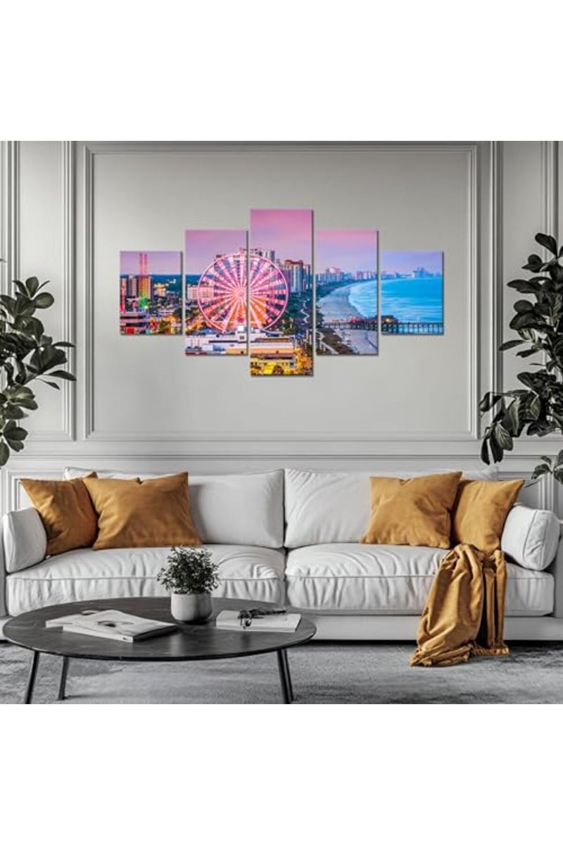 Artbrush Tower Myrtle Beach Painting Wall Art Canvas South Carolina Wall Decor Ferris Wheel Picture Print US City Skyline Poster Framed Home Living Room Bedroom Decoration 5 Piece Ready to Hang(60''Wx32''H) - Image 3