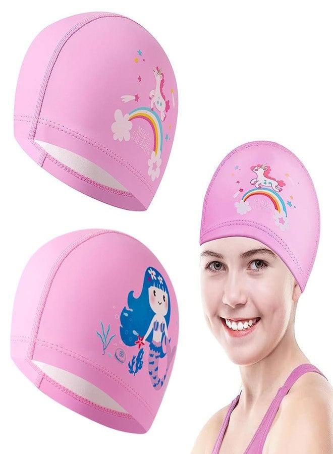 ZIBUYU® 2 Pieces Swimming Cap for Kids 6-14 Girls Kids Waterproof Pu Fabric Cute Cartoon Printed Waterproof Bathing Swim Cap for Long and Short Hair for Kids, Toddler Girls(Unicorn, Mermaid) - Image 1
