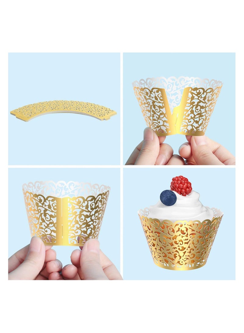 أغلفة كب كيك، 50 قطعة، أغلفة كب كيك من الدانتيل اللؤلؤي، أغلفة كعك للزينة في حفلات الزفاف، تغليفات للخبز بتصميم مقصوص بالليزر (ذهبي) - Image 5
