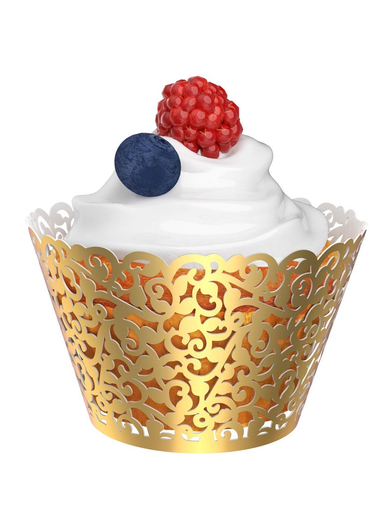 أغلفة كب كيك، 50 قطعة، أغلفة كب كيك من الدانتيل اللؤلؤي، أغلفة كعك للزينة في حفلات الزفاف، تغليفات للخبز بتصميم مقصوص بالليزر (ذهبي) - Image 3