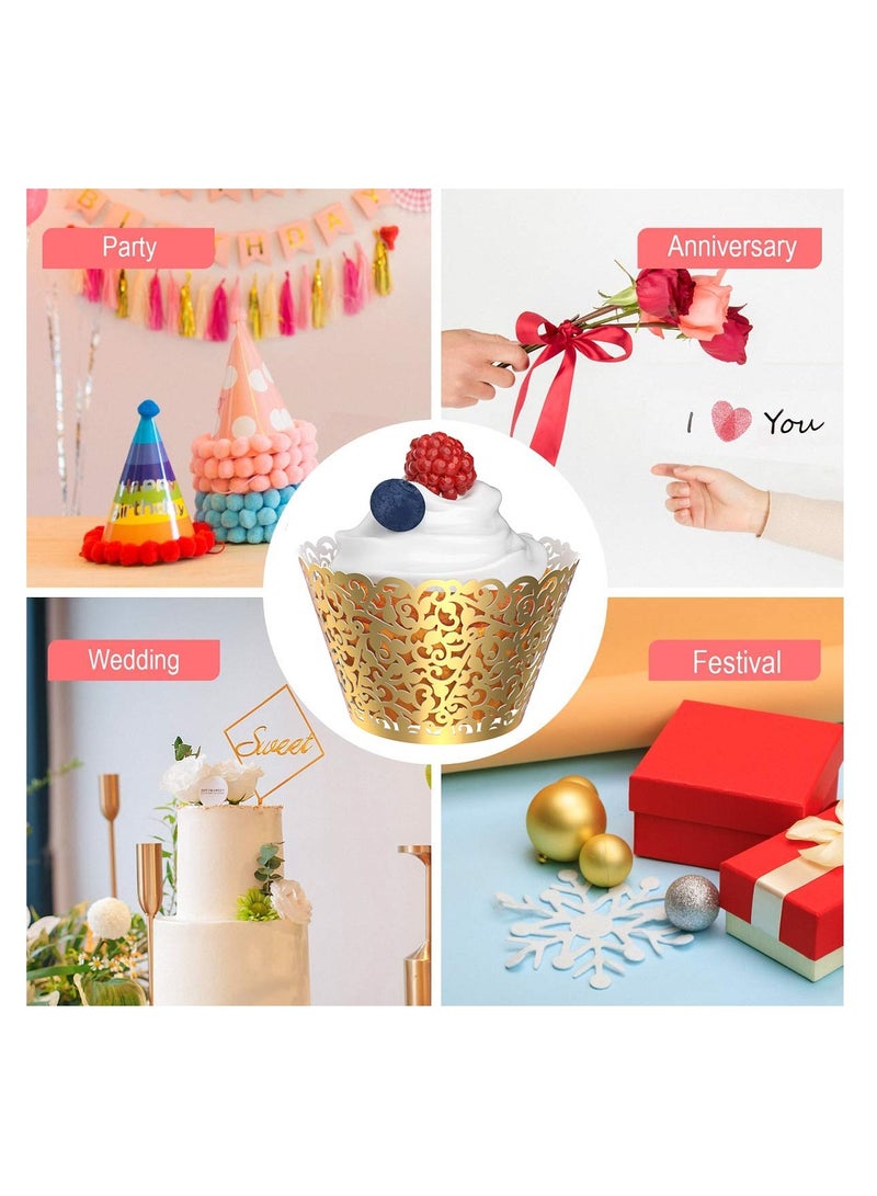 أغلفة كب كيك، 50 قطعة، أغلفة كب كيك من الدانتيل اللؤلؤي، أغلفة كعك للزينة في حفلات الزفاف، تغليفات للخبز بتصميم مقصوص بالليزر (ذهبي) - Image 4