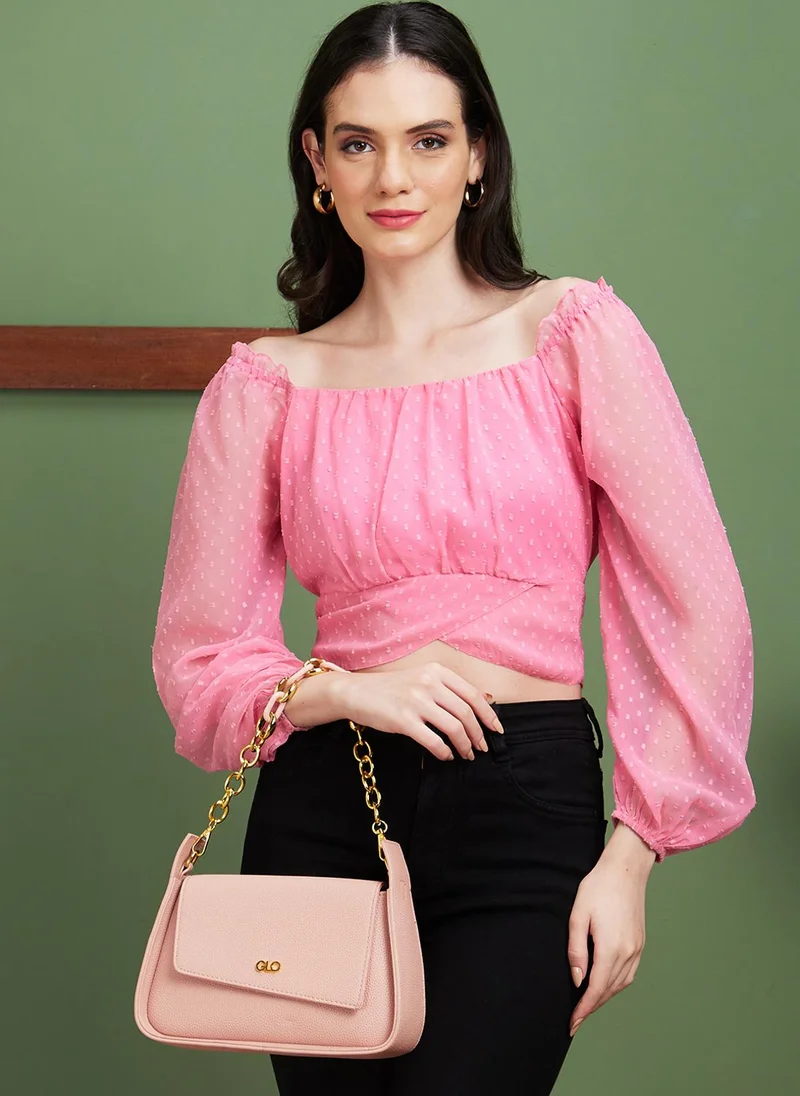 globus Globus Women Pink Self Design Square Neck Puff Sleeves Crop Top