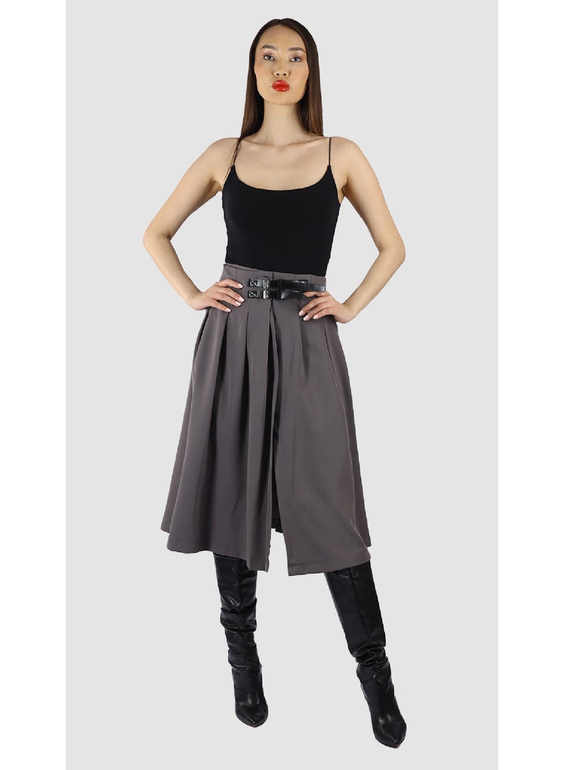 KYVELi Women’s High-Waisted Pleated Midi Skirt with Belt Detail – Grey - Image 1