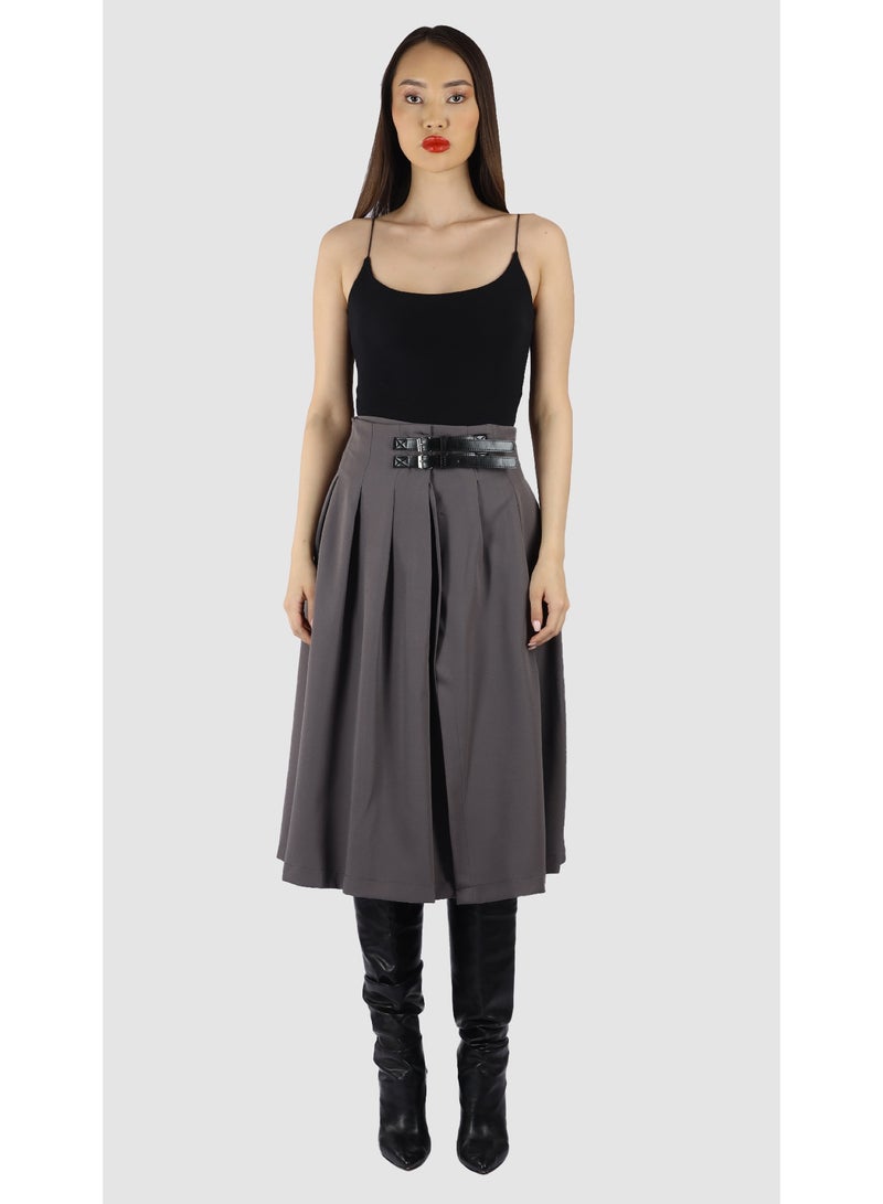 KYVELi Women’s High-Waisted Pleated Midi Skirt with Belt Detail – Grey - Image 2
