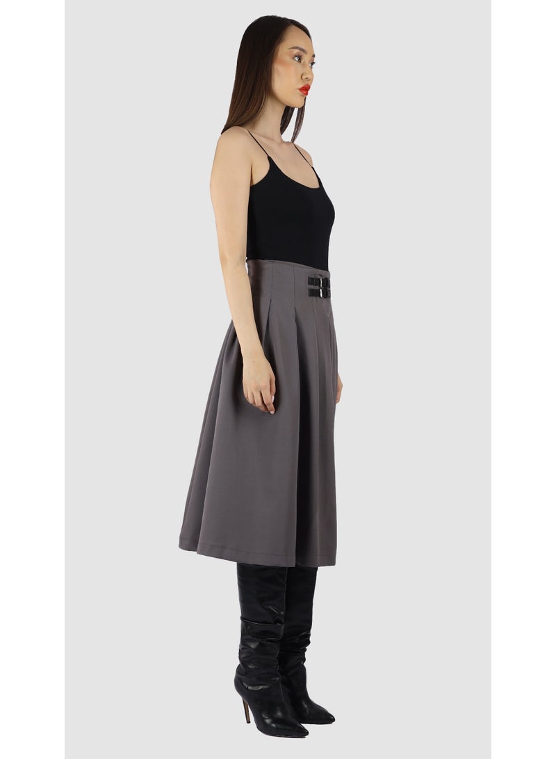 KYVELi Women’s High-Waisted Pleated Midi Skirt with Belt Detail – Grey - Image 3
