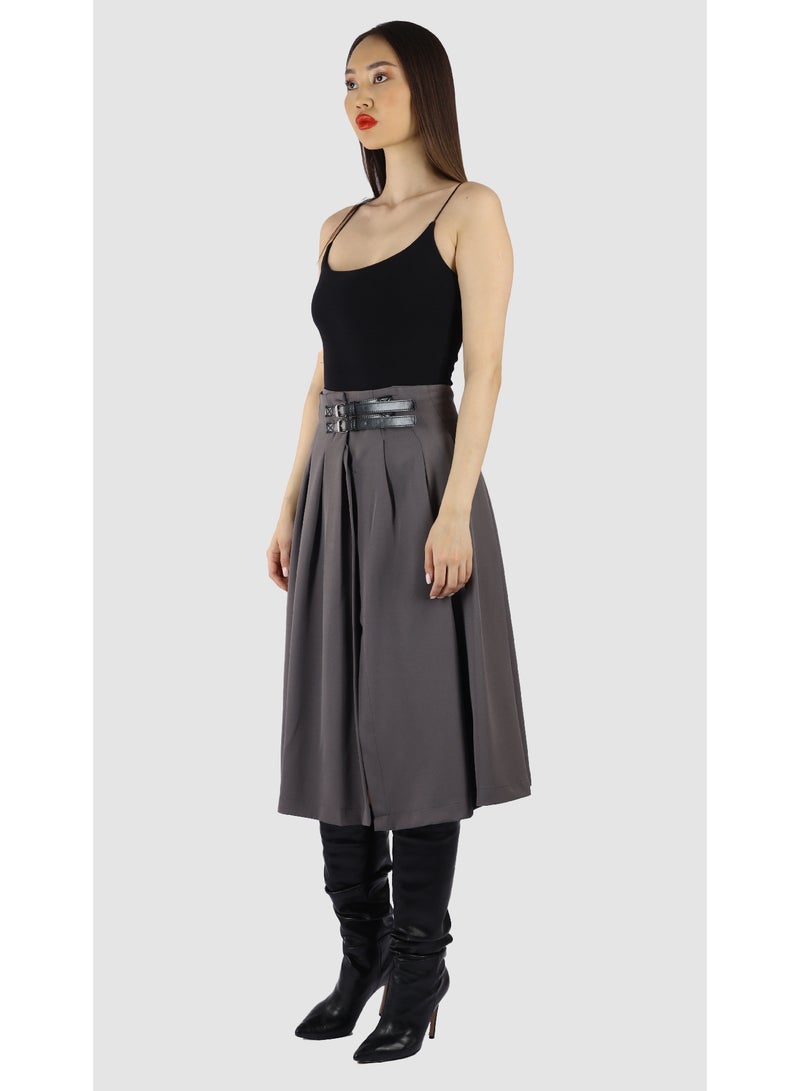 KYVELi Women’s High-Waisted Pleated Midi Skirt with Belt Detail – Grey - Image 5