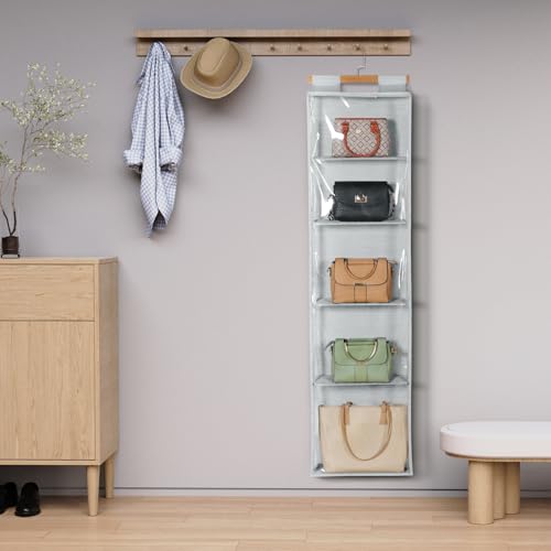 Syeeiex Hanging Handbag Purse Organizer with Zippers, 5 Mesh Shelves,Clear Slubbed Fabric+PVC Hanging Closet Bag Organizer, Dustproof Handbag Closet Tote Storage Bag for Door, Wardrobe, Shelf Rack - Image 5