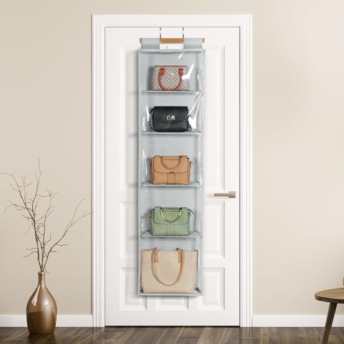 Syeeiex Hanging Handbag Purse Organizer with Zippers, 5 Mesh Shelves,Clear Slubbed Fabric+PVC Hanging Closet Bag Organizer, Dustproof Handbag Closet Tote Storage Bag for Door, Wardrobe, Shelf Rack - Image 2