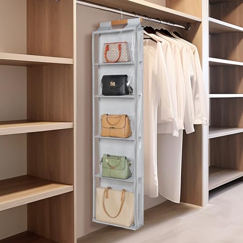 Syeeiex Hanging Handbag Purse Organizer with Zippers, 5 Mesh Shelves,Clear Slubbed Fabric+PVC Hanging Closet Bag Organizer, Dustproof Handbag Closet Tote Storage Bag for Door, Wardrobe, Shelf Rack - Image 4