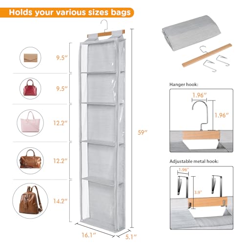 Syeeiex Hanging Handbag Purse Organizer with Zippers, 5 Mesh Shelves,Clear Slubbed Fabric+PVC Hanging Closet Bag Organizer, Dustproof Handbag Closet Tote Storage Bag for Door, Wardrobe, Shelf Rack - Image 3