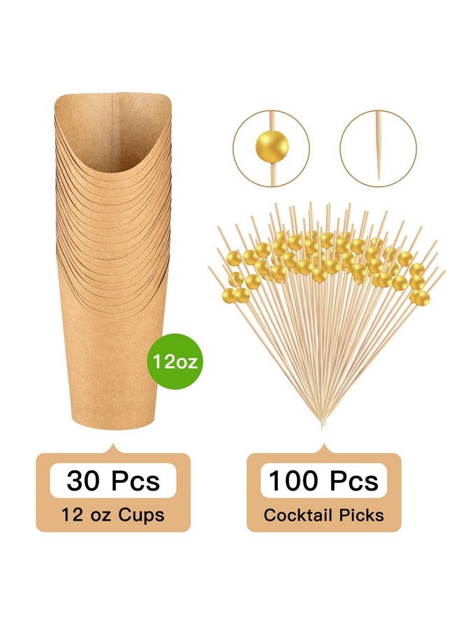 ASTARON 30 Disposable Charcuterie Cups with Sticks, French Fry Holder Snack Cups for Cocktail Party 12 oz Paper Appetizer Cups with 100 Skewers Toothpicks for Party Supplies - Image 3