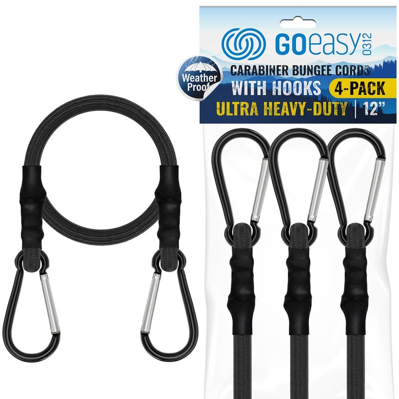 Goeasy0312 Carabiner Bungee Cords With Hooks Heavy Duty - 12"" Elastic Black Bungee Cords With Carabiner Hooks 200 Lbs Max Break Strength  Uv Resistant For Camping  Tarps  Bike Rack  Tent  Car - 4Pcs - Image 1