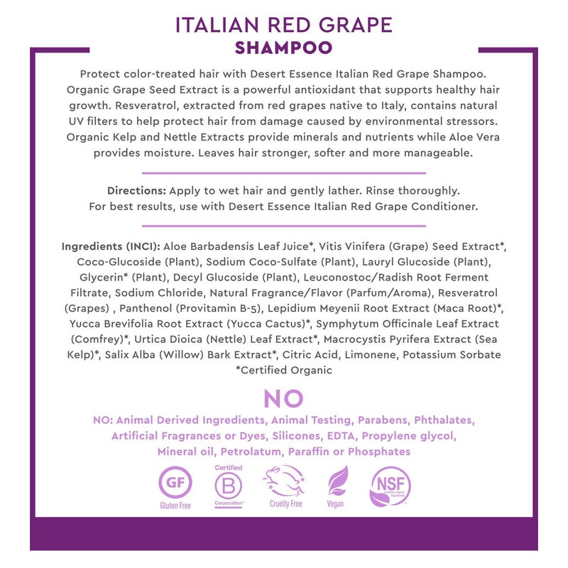 Desert Essence Italian Red Grape Shampoo UV Damage & Color Protection Cleanser Infused with Resveratrol, Organic Grape Seed & Maca Root - Vegan, Gluten-Free, Cruelty-Free - 8oz (Pack of 2) - Image 3