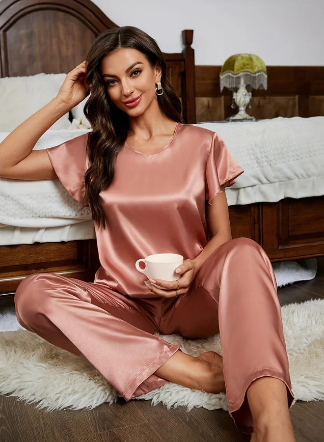 Take Two  Satin Solid Short Sleeve Top and Pyjama Set for Women | Best Price UAE