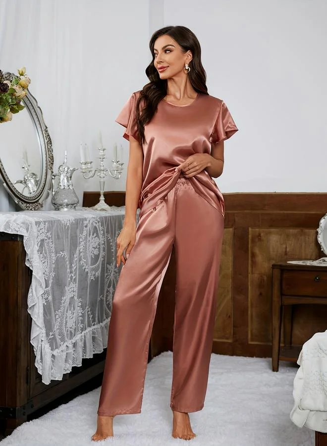Take Two  Satin Solid Short Sleeve Top and Pyjama Set for Women | Best Price UAE