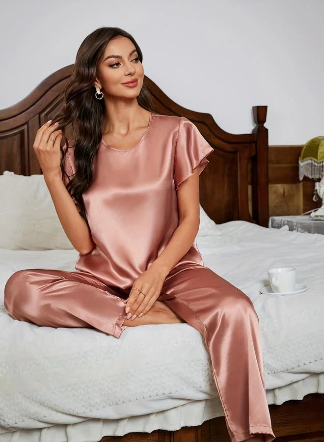 Take Two  Satin Solid Short Sleeve Top and Pyjama Set for Women | Best Price UAE