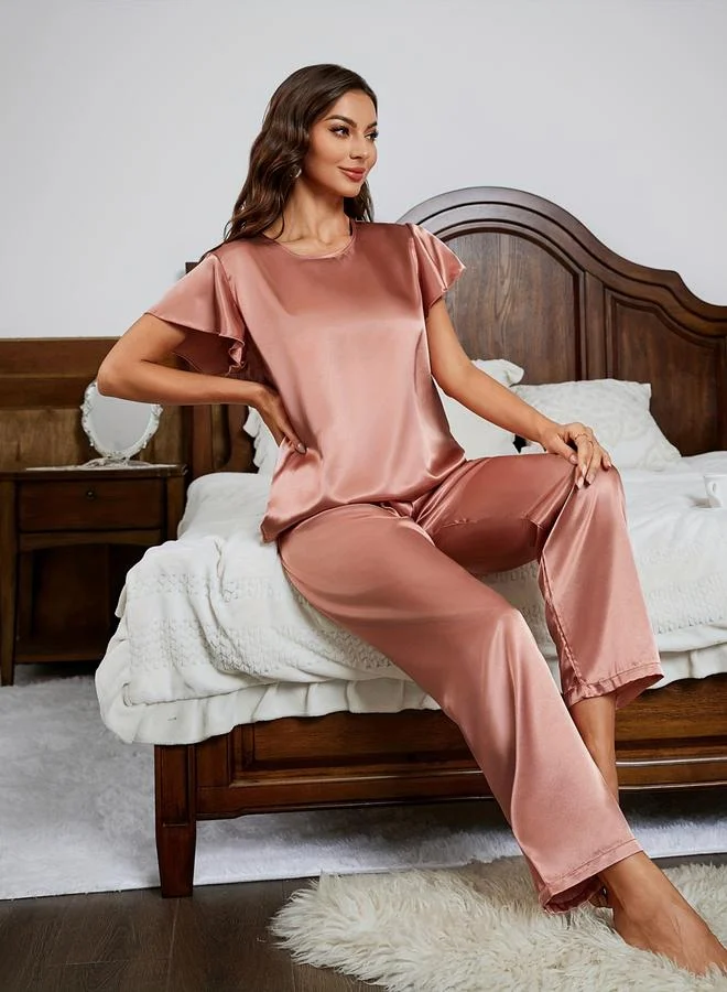 Take Two  Satin Solid Short Sleeve Top and Pyjama Set for Women | Best Price UAE