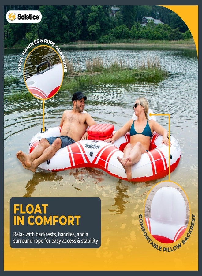 SOLSTICE Inflatable Tube Float - Heavy-Duty Material with Grab Handles for Pool, Lake & River - Compact with Backrest, Mesh Base, Cupholders & Rope - 2-Person, White & Red, 89" - Super Chill - Image 5