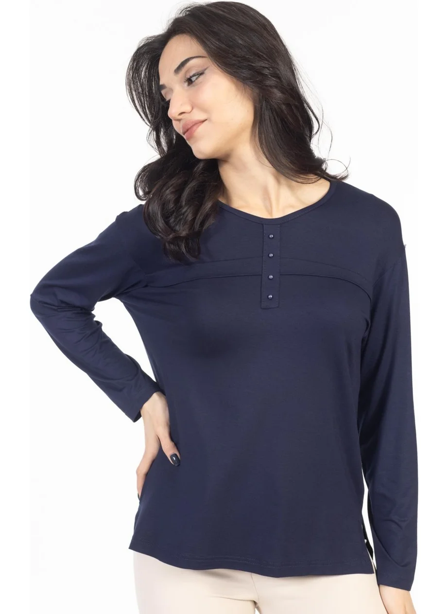 Mutlu City New Season 2024 Plain Pattern Round Neck Lycra Mother's Combed Cotton Blouse 6484