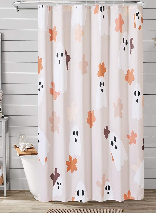 Ouyattle Floral Ghost Bathroom Shower Curtain Set with Hooks, 180GSM Heavy Duty Fabric Shower Curtains, 72 x 72 Cute Boho Abstract Spooky Halloween Shower Curtain for Bathroom Halloween Aesthetic Decor - Image 2