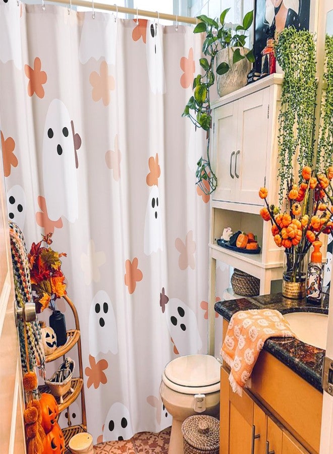 Ouyattle Floral Ghost Bathroom Shower Curtain Set with Hooks, 180GSM Heavy Duty Fabric Shower Curtains, 72 x 72 Cute Boho Abstract Spooky Halloween Shower Curtain for Bathroom Halloween Aesthetic Decor - Image 3