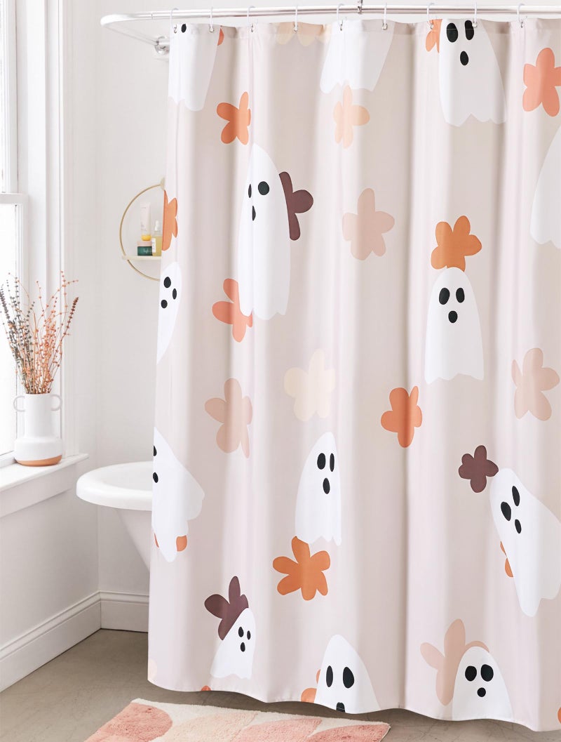 Ouyattle Floral Ghost Bathroom Shower Curtain Set with Hooks, 180GSM Heavy Duty Fabric Shower Curtains, 72 x 72 Cute Boho Abstract Spooky Halloween Shower Curtain for Bathroom Halloween Aesthetic Decor - Image 1