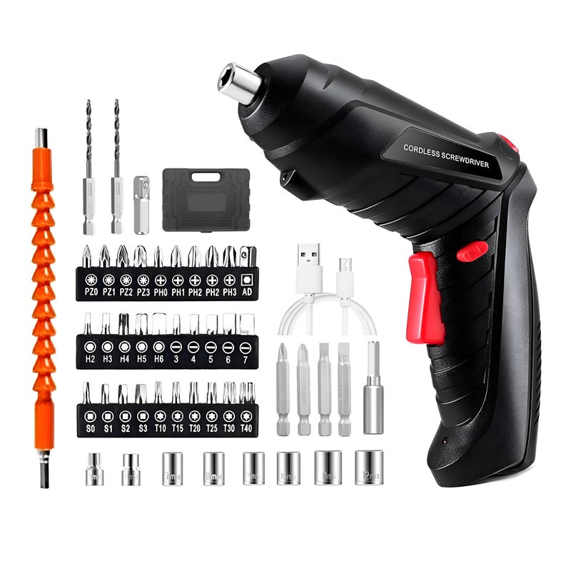 Electric Screwdriver Kit - Featuring 45 bits and 8 socket wrenches, 90-degree swivel handle, 1800mAh battery, LED lighting, and USB charging for efficient, cordless precision tasks. - Image 1