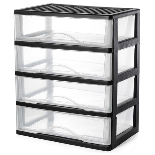 BYCY Medium 4 Drawer Clear Stacking Desktop Organizer for Office Supplies,Stackable Storage Drawers Plastic Storage Bins For Kitchen Cabinets, Pantry, Home Organization (Black, Medium 4Drawer) - Image 1