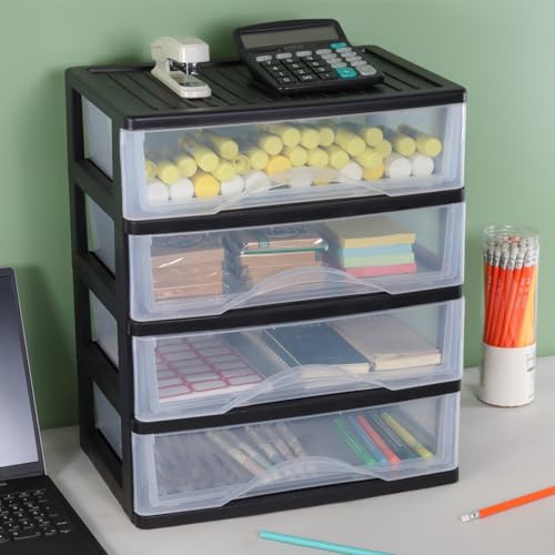 BYCY Medium 4 Drawer Clear Stacking Desktop Organizer for Office Supplies,Stackable Storage Drawers Plastic Storage Bins For Kitchen Cabinets, Pantry, Home Organization (Black, Medium 4Drawer) - Image 2