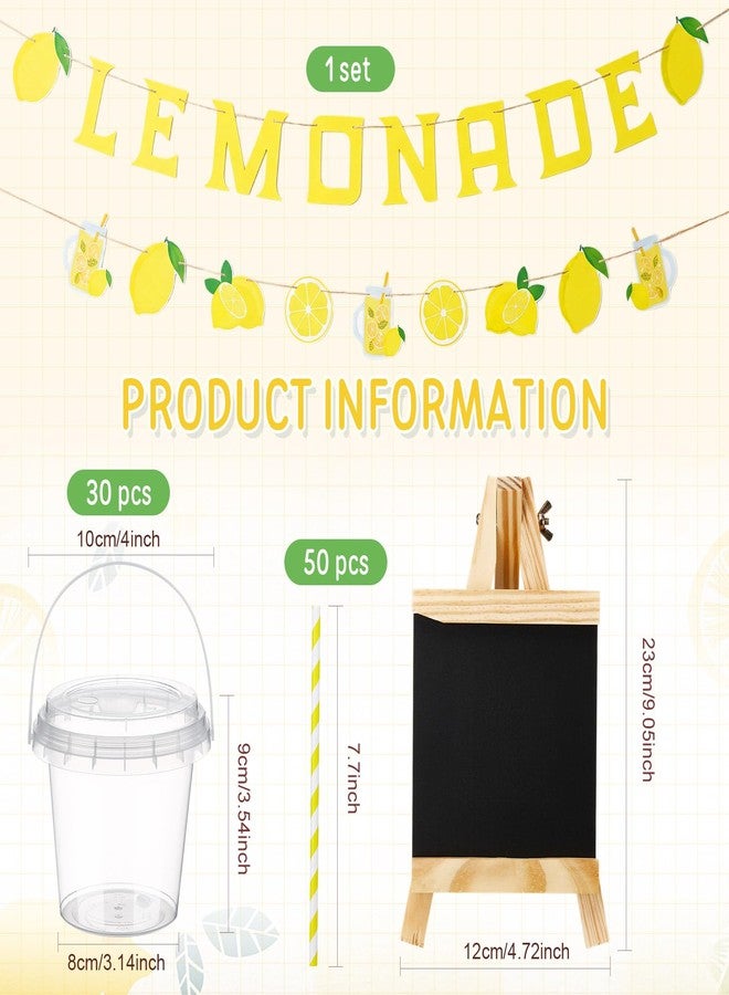 Funnymoom 87 Pcs Lemonade Stand Supplies 30 Lemonade Drink Buckets with Lids and Straws 2 Banners 1 Wooden Blackboard with 3 Chalks Lemon Stickers Reusable Cups for Summer Lemon Birthday Party Fruit Juice Stand - Image 3