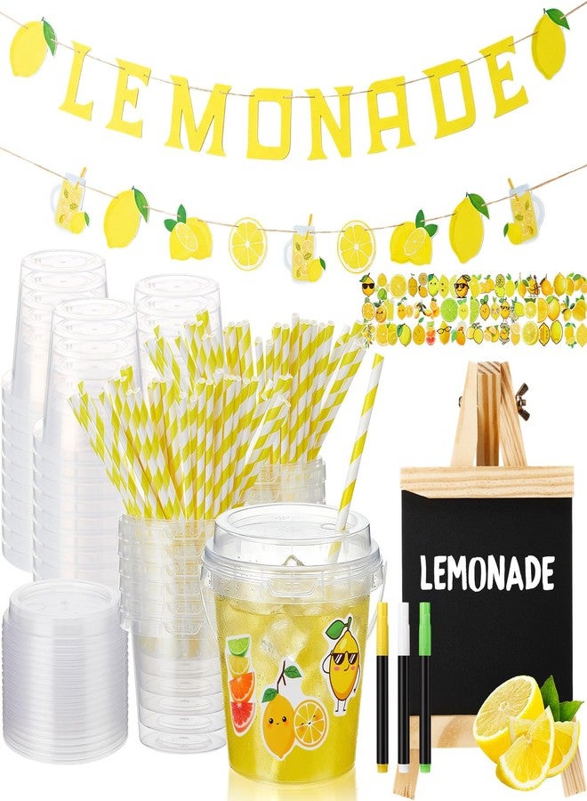 Funnymoom 87 Pcs Lemonade Stand Supplies 30 Lemonade Drink Buckets with Lids and Straws 2 Banners 1 Wooden Blackboard with 3 Chalks Lemon Stickers Reusable Cups for Summer Lemon Birthday Party Fruit Juice Stand - Image 1