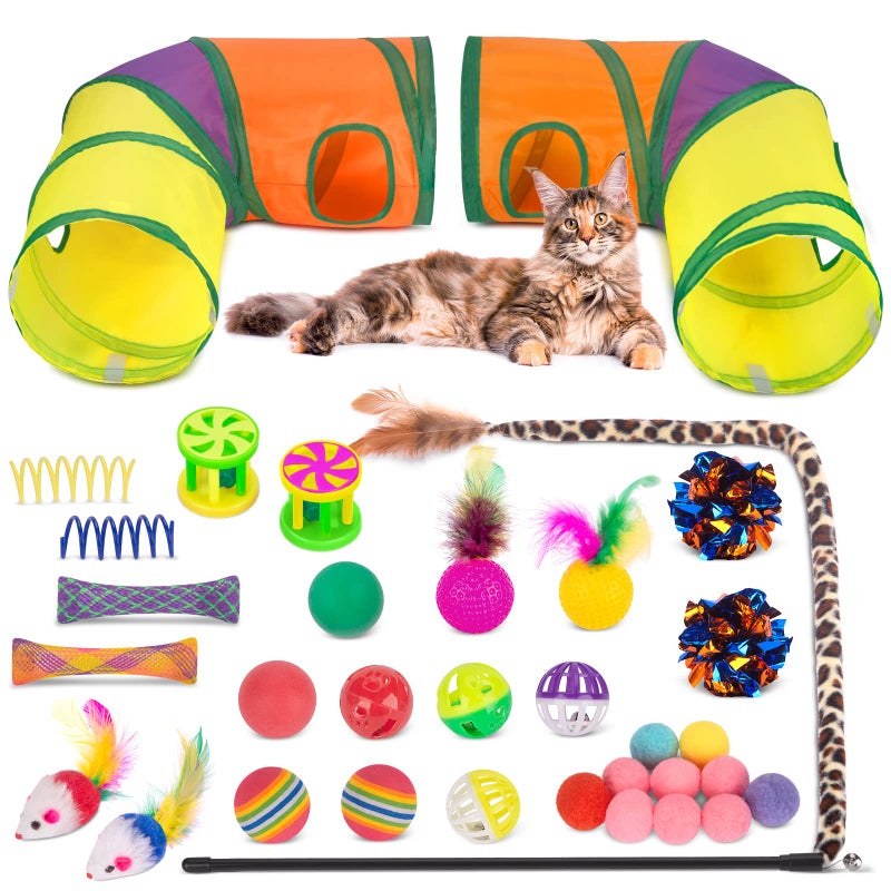 Retro Shaw 33Pcs Cat Toys Large Cat Tunnels with Toys Interactive Kitten Toys for Indoor Cats Kitty Collapsible Cat Tube Tent Feather Wand Teaser Bell Fuzzy Ball Crinkly Springs Mouse - Image 2